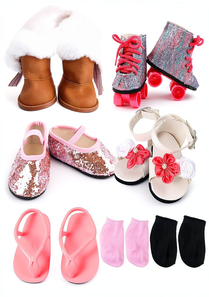 Five pairs of doll shoes in different styles