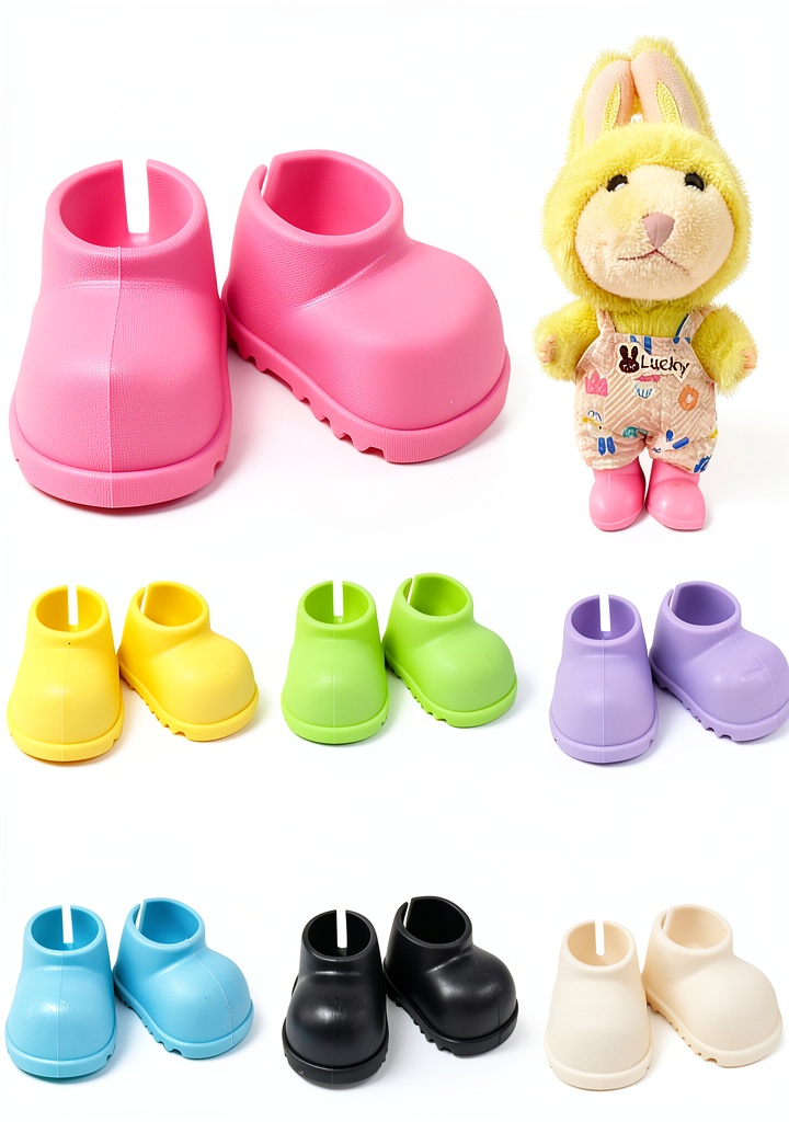 Mini doll shoes displayed in a colorful arrangement