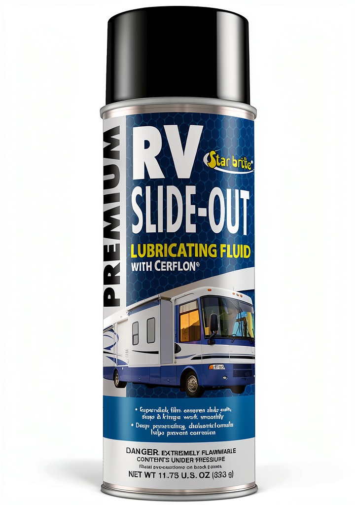 Applying Star Brite RV lubricant to a slide‑out mechanism