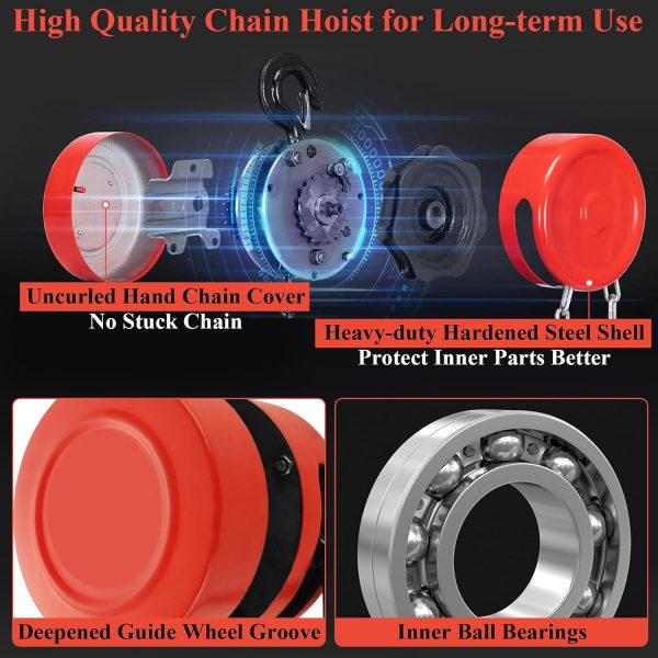 Chain Hoist 1 Ton/2000lbs Capacity 10ft Lift Manual Hand Chain, Hand Hoist Chain with 2 Hooks for Warehouse Building Automotive Machinery, Red-3