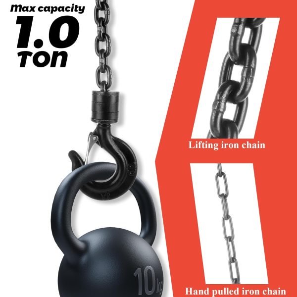 Chain Hoist 1 Ton/2000lbs Capacity 10ft Lift Manual Hand Chain, Hand Hoist Chain with 2 Hooks for Warehouse Building Automotive Machinery, Red-4